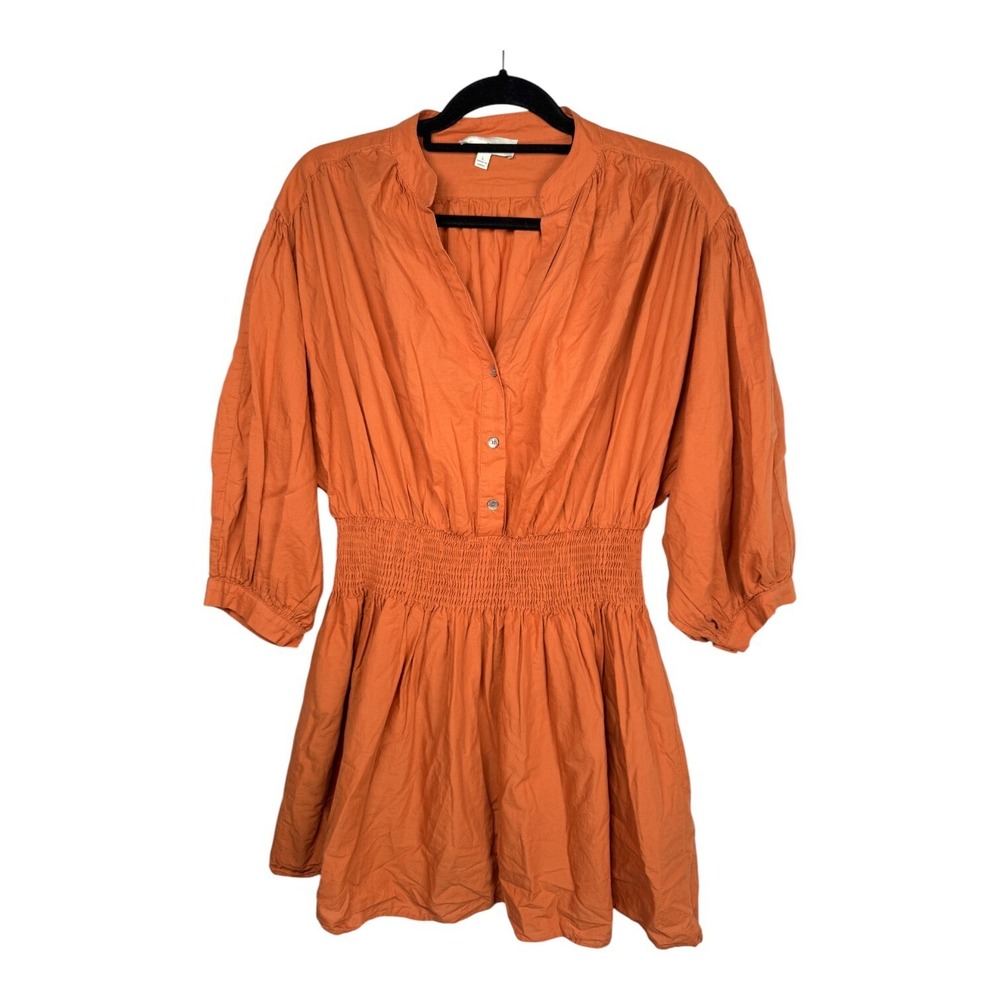 Pinch Cotton Mini Dress Womens Lg Rusty Orange Pleated Smocked Waist Puff Sleeve